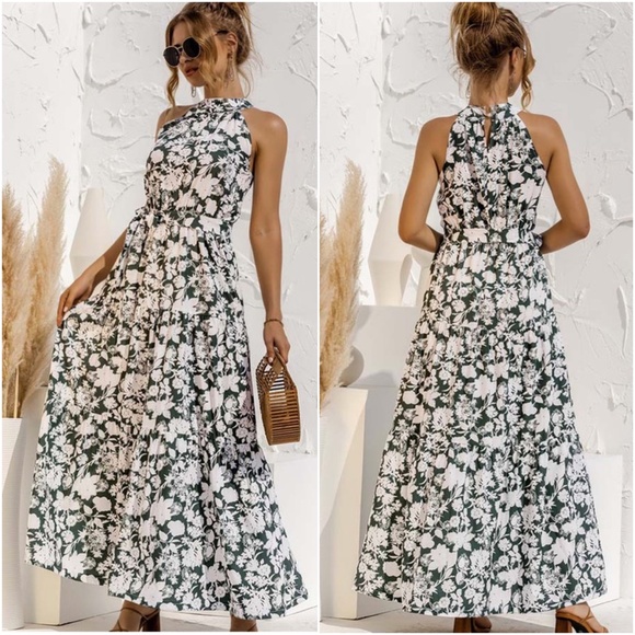 Dresses & Skirts - Floral Print Belted Halter Maxi Dress